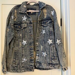 Large Peach Love California Distressed Starred Jean Jacket